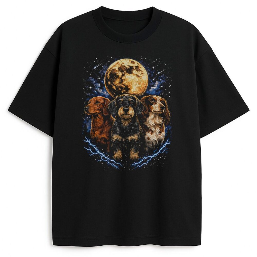 czarna koszulka z Jamnikami na tle księżyca w stylu lat 90