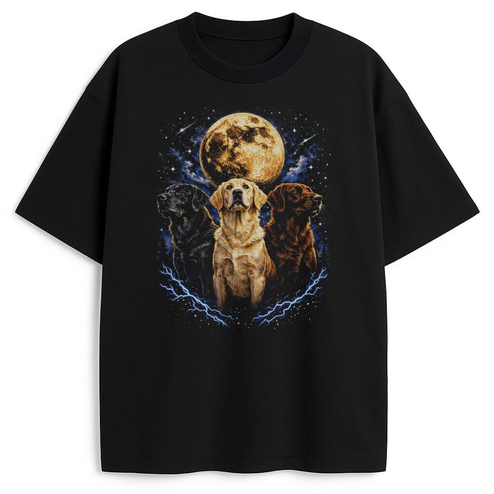 czarna koszulka z labradorami na tle księżyca w stylu lat 90