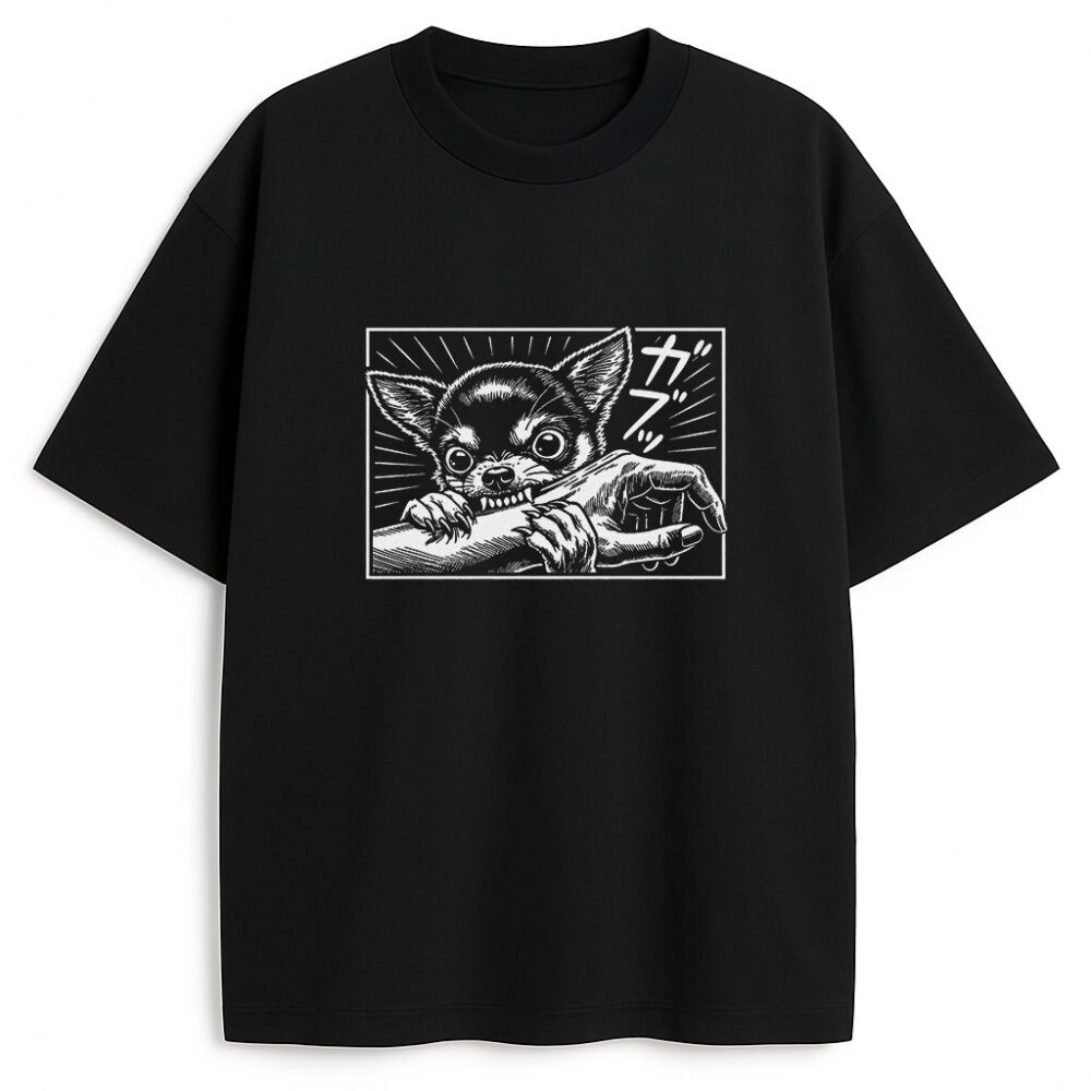 czarny t-shirt chihuahua z kontrastowym nadrukiem psa