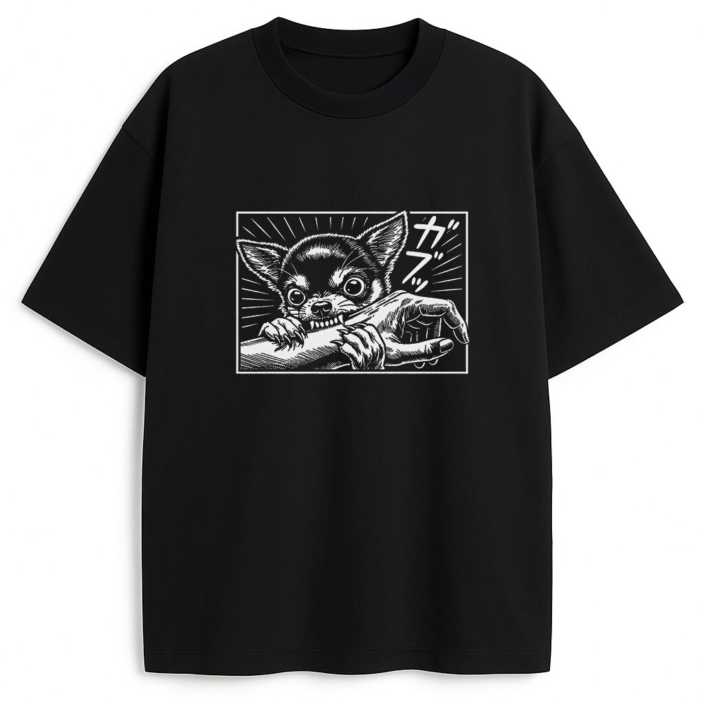 czarny t-shirt chihuahua z kontrastowym nadrukiem psa