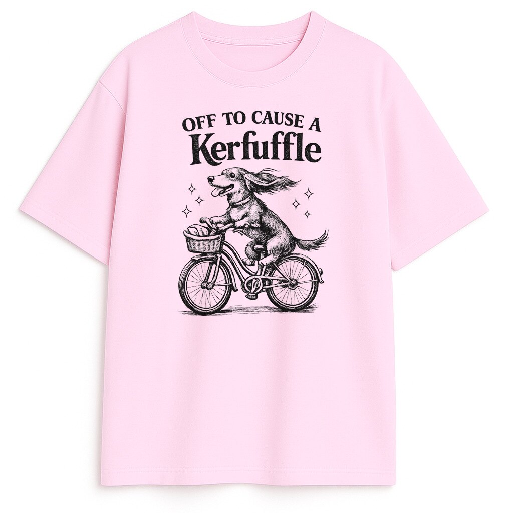 różowa koszulka z psem na rowerze w stylu oldschool
