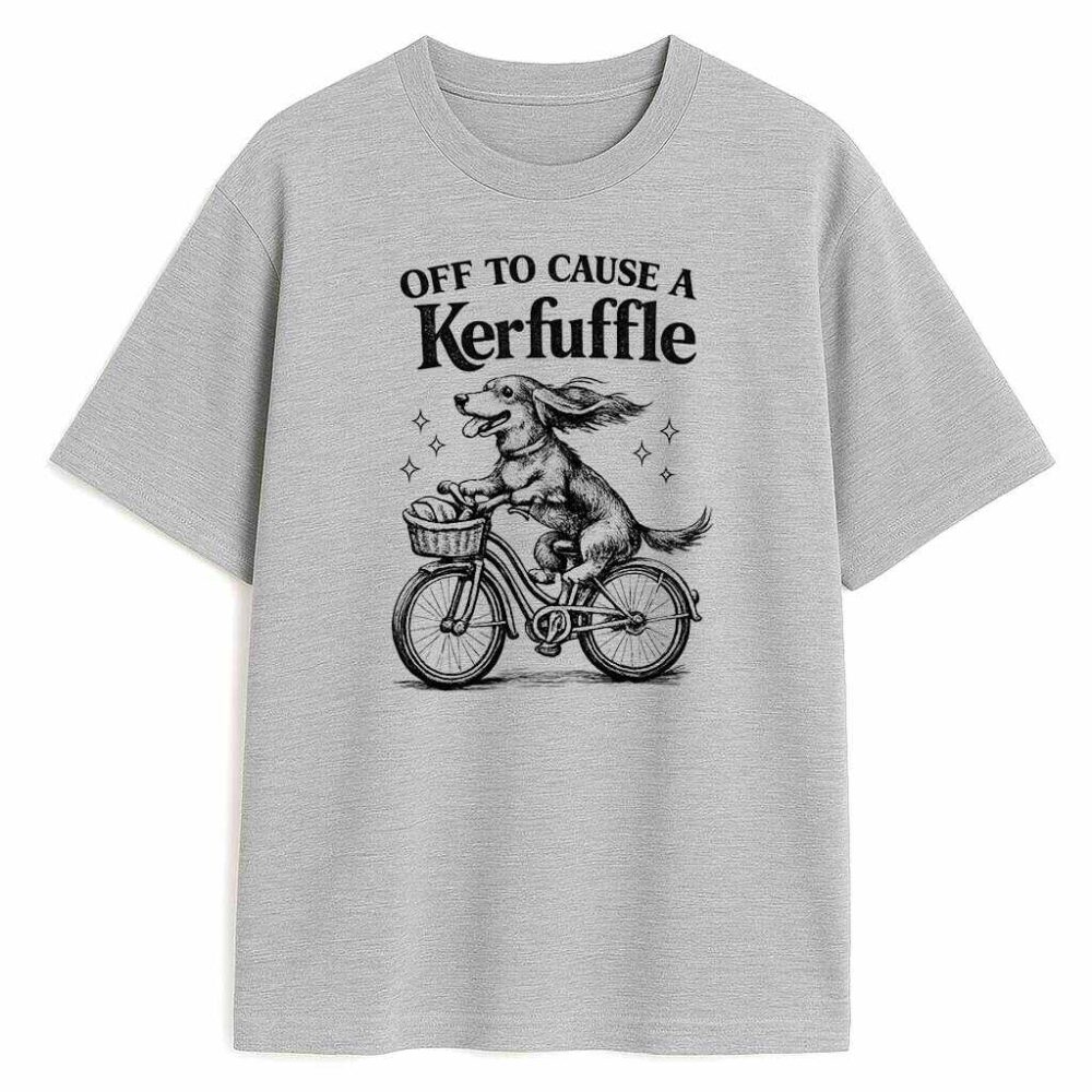 szara koszulka z retro grafiką psa na rowerze i napisem Kerfuffle