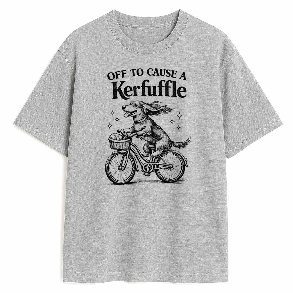 szara koszulka z retro grafiką psa na rowerze i napisem Kerfuffle