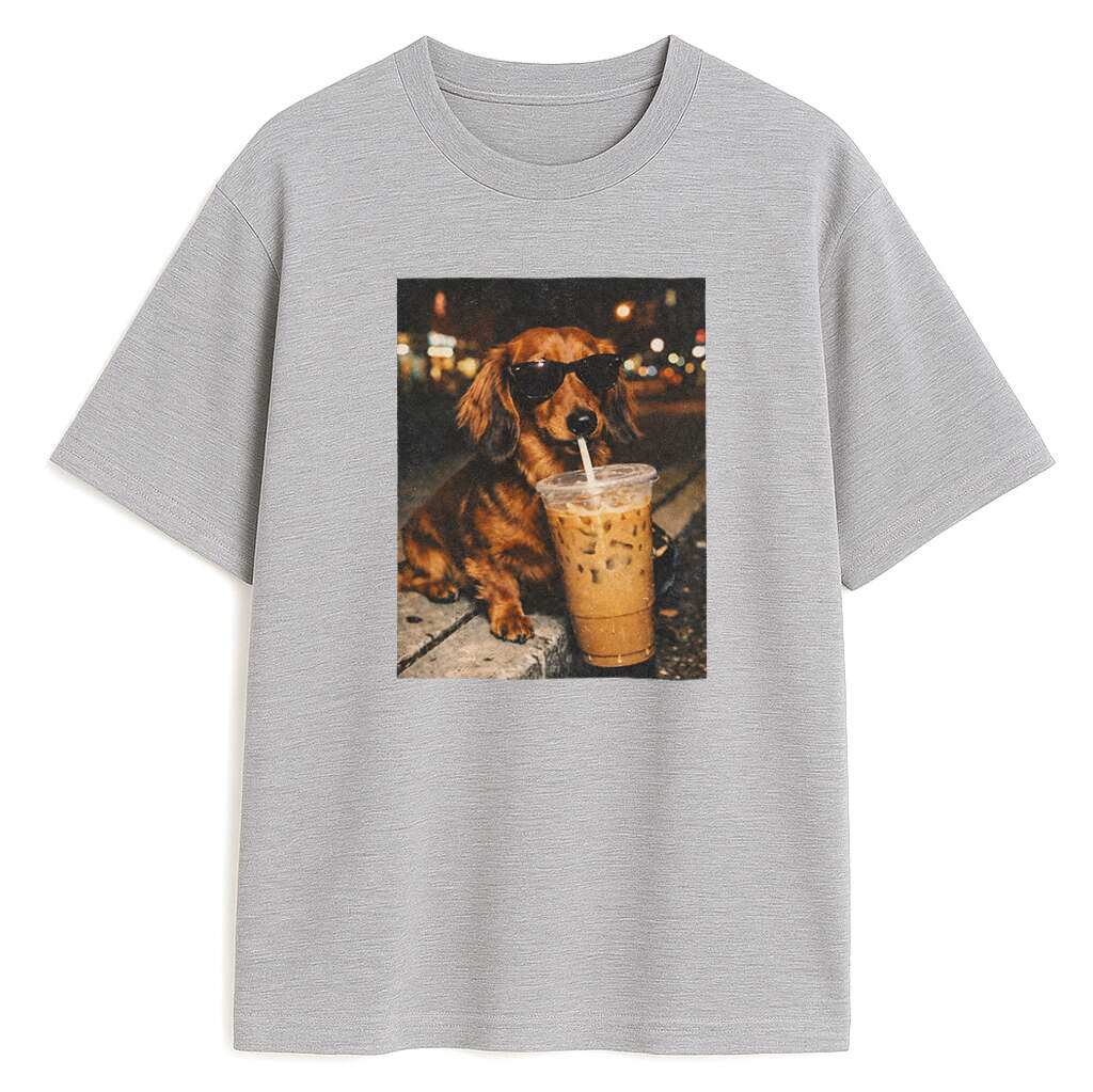 szara koszulka z psem i kawą w miejskim stylu